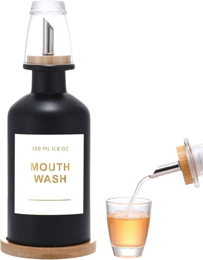BONLONG 11.8OZ Glass Mouthwash Dispenser for Bathroom with Stainless Steel & Bamboo Nozzle, Mouth... | Amazon (US)