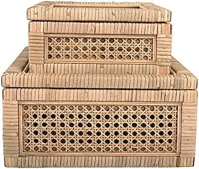 Creative Co-Op Cane and Rattan Glass Lid, Set of 2 Display Boxes, Natural | Amazon (US)