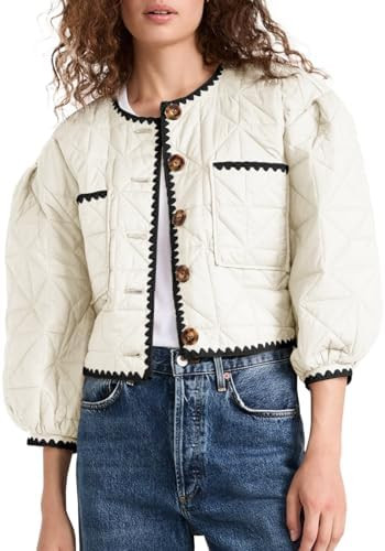 Tankaneo Womens Cropped Quilted Jacket Winter Lightweight Puff 3/4 Sleeve Button Down Contrast Tr... | Amazon (US)