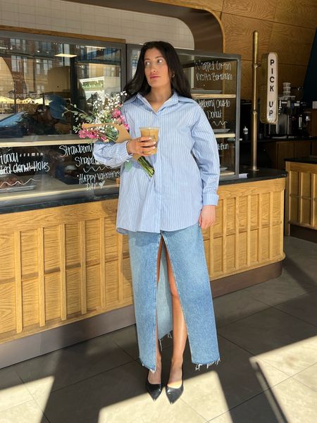 the perfect casual outfit of a button down shirt and a maxi denim skirt. such a cute, effortless outfit for any occasion. 

#LTKshoecrush #LTKstyletip #LTKSeasonal