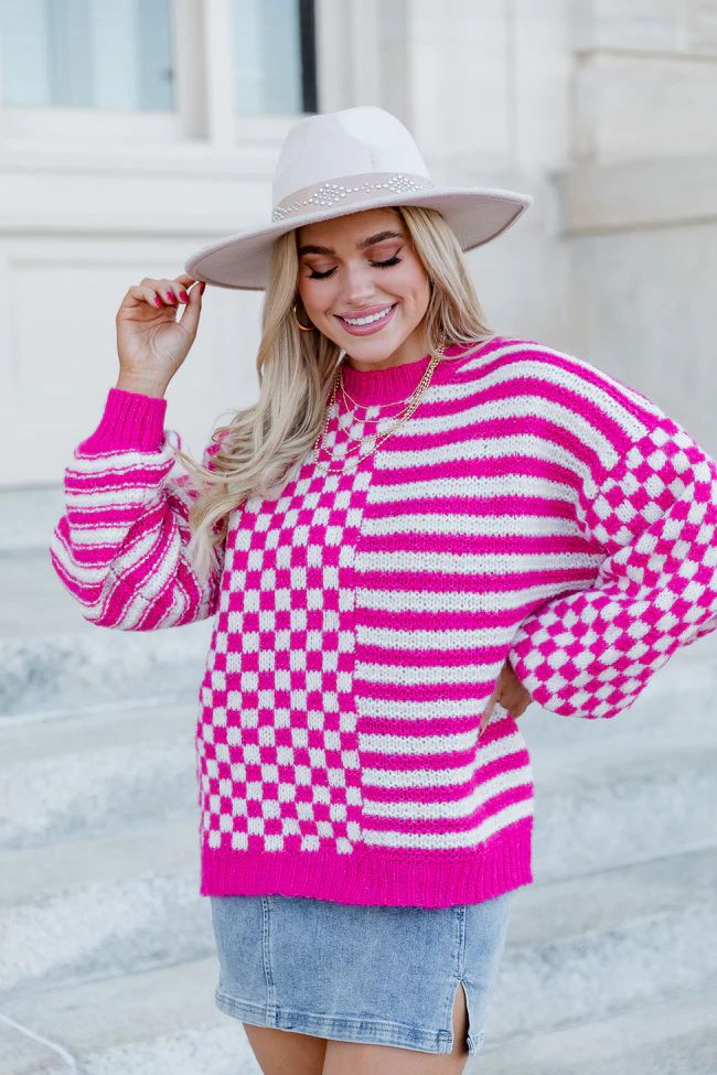 Somewhere In Time Pink Striped And Checkered Sweater | Pink Lily