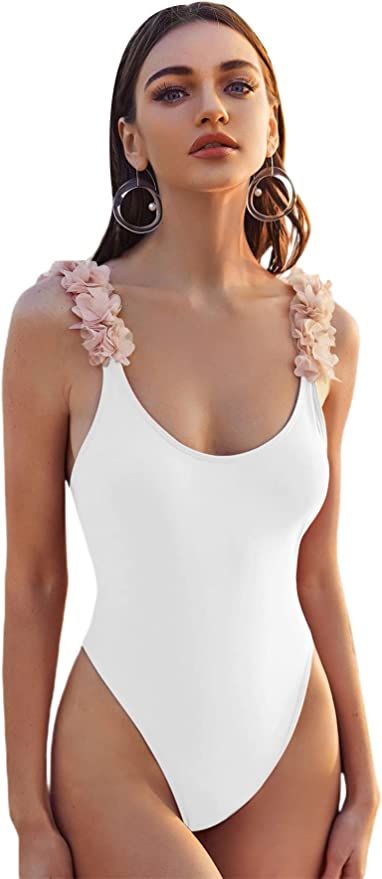 WDIRARA Women's Floral Appliques One Piece Swimsuit Scoop Neck Monokini | Amazon (US)