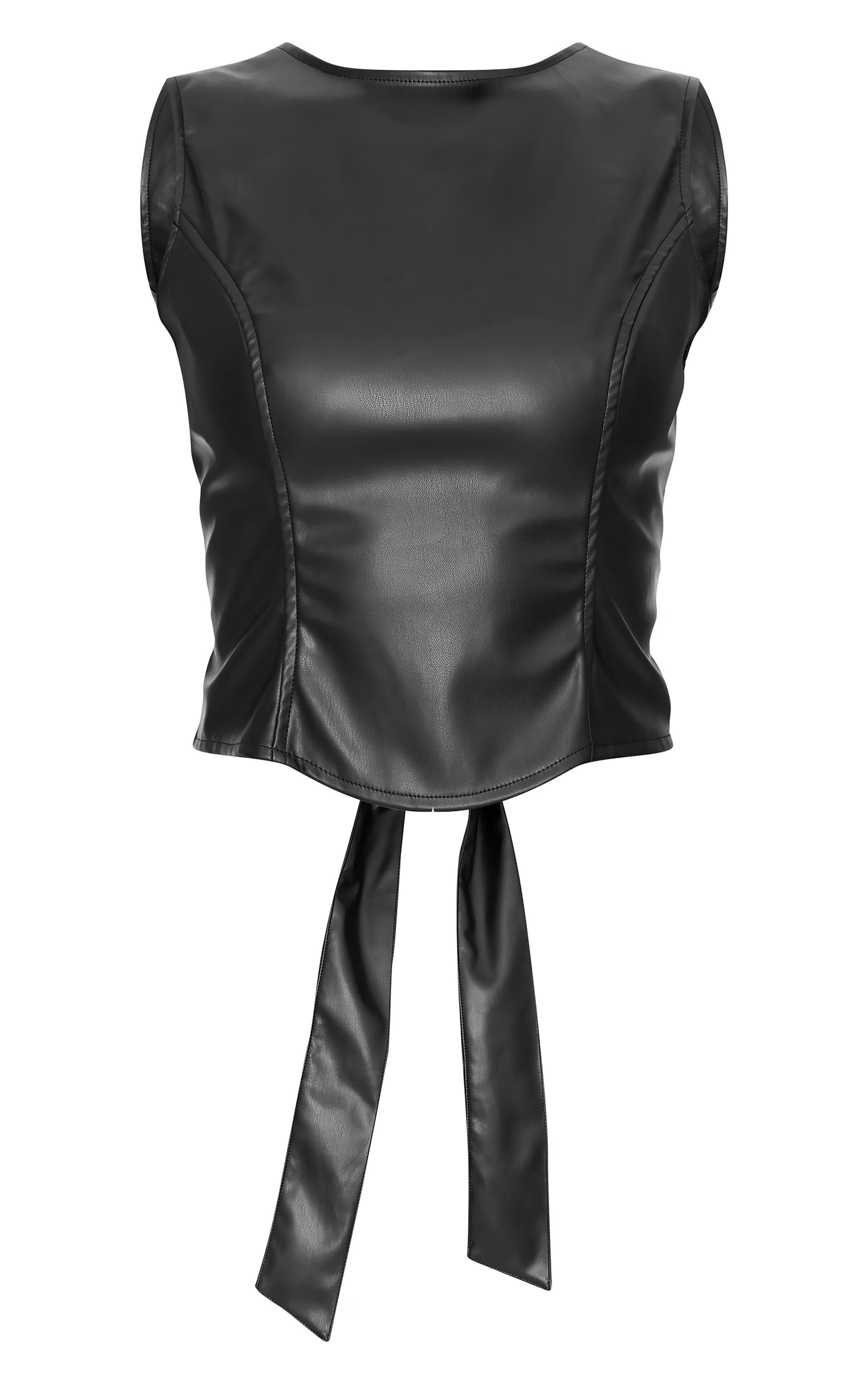 Black Faux Leather Seam Detail Open Back Long Top | PrettyLittleThing US