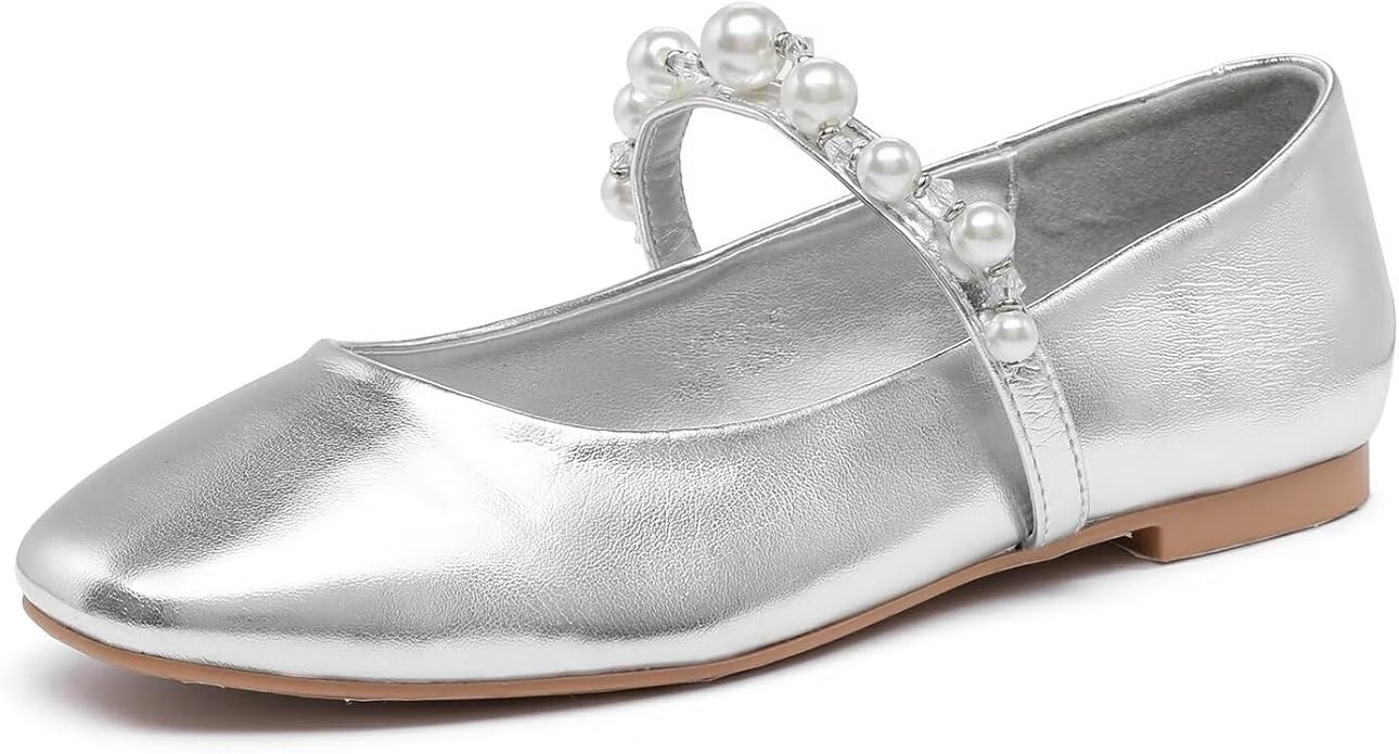 Lryweisy Ballet Flats Shoes for Women, Buckle Strap Flats Shoes, Pearl Mary Jane Flats for Women ... | Amazon (US)