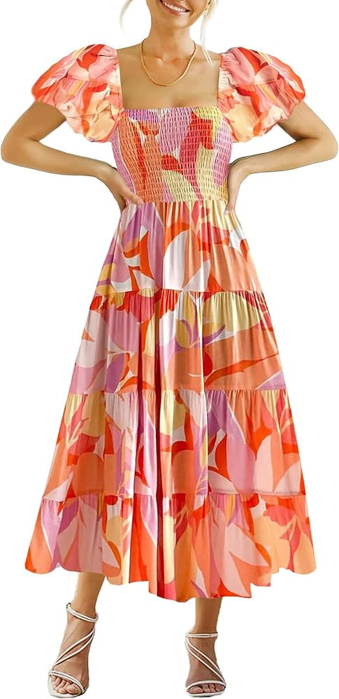 GOLDSTITCH Women's Smocked Maxi Dress Square Neck Ruffle Hem Puffy Short Sleeve Flowy Midi Dress | Amazon (US)