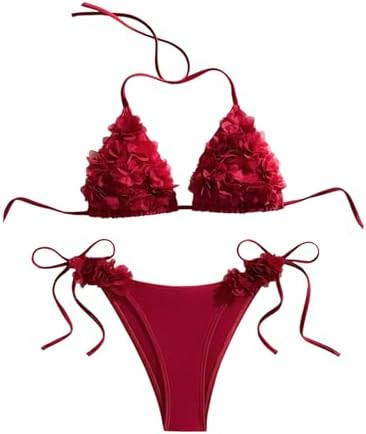 SHENHE Women's 2 Piece Swimsuit 3D Floral Halter Bikini Sets Beach Vacation Bathing Suit | Amazon (US)