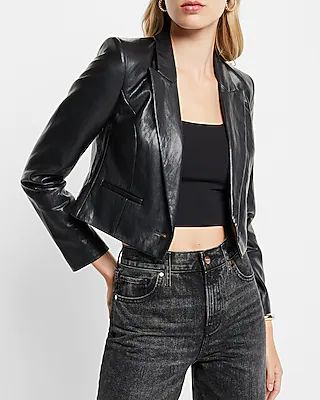 Faux Leather Peak Lapel One Button Cropped Blazer | Express