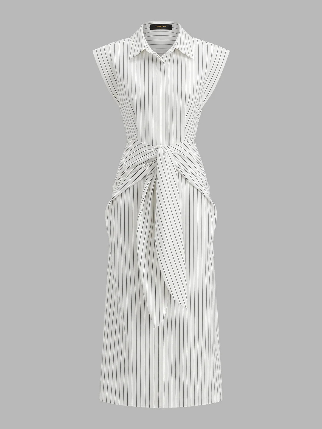 Pinstripe Sleeveless Tie-Waist Shirt Dress | Commense
