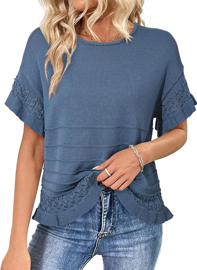 Dokotoo Women’s Short Sleeve Sweaters Oversized Summer Casual Ruffled Hem Knit Pullover Tops Cu... | Amazon (US)