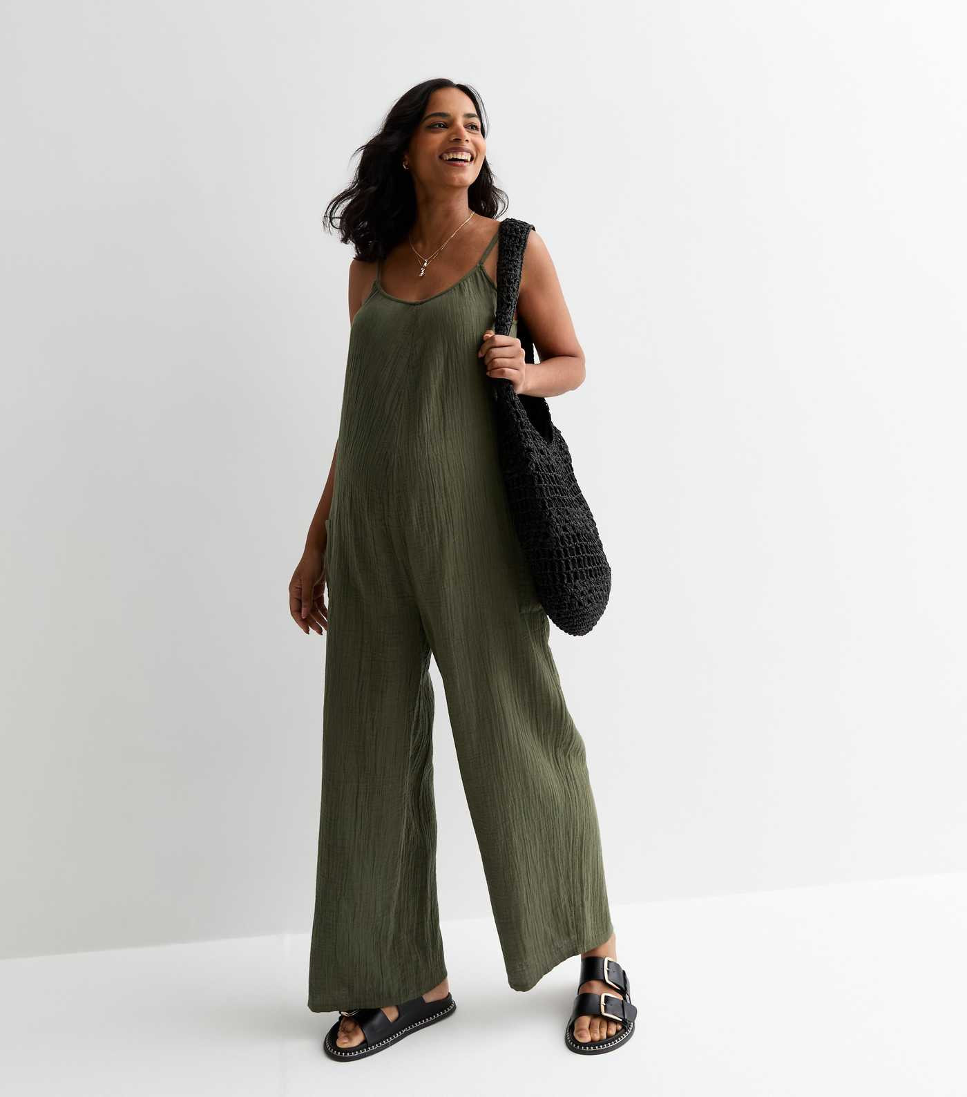 Maternity Khaki Cotton Slouchy Strappy Jumpsuit | New Look | New Look (UK)
