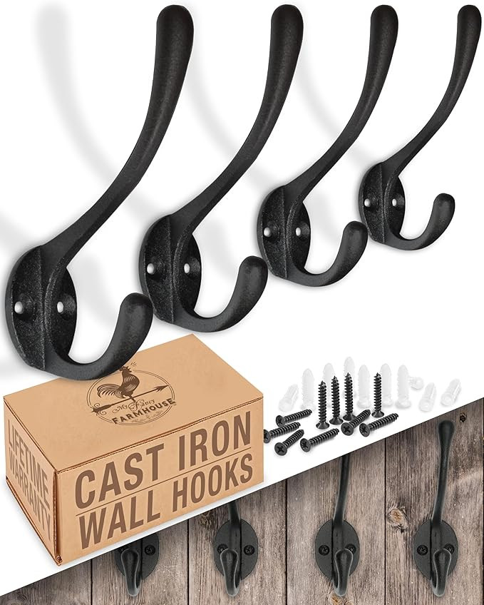 Rustic Cast Iron Coat Hooks (4 Pack) Wall Mounted Farmhouse Decorative Wall Hooks, Vintage Hooks ... | Amazon (US)