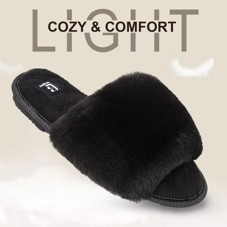 LongBay Women's Fuzzy Faux Fur Memory Foam Cozy Flat Spa Slide Slippers Comfy Open Toe Slip On Ho... | Walmart (US)