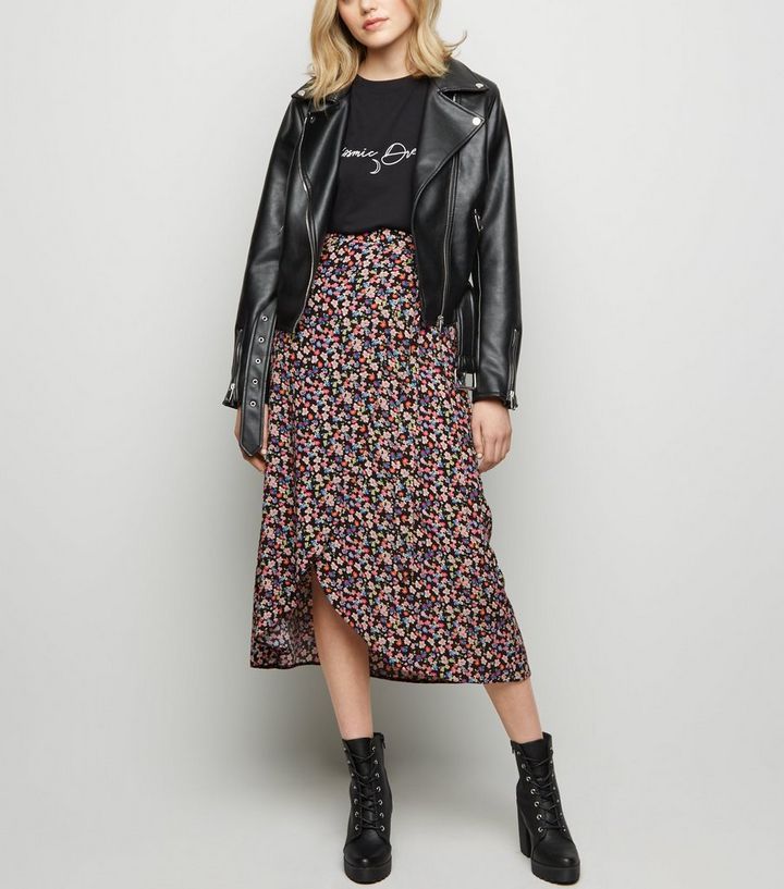 Black Bright Floral Wrap Midi Skirt | New Look | New Look (UK)