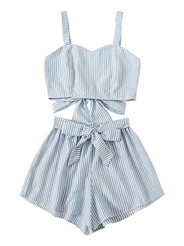 SweatyRocks Women's 2 Piece Outfits Summer Sleeveless Tie Back Crop Cami Top and Shorts Set | Amazon (US)