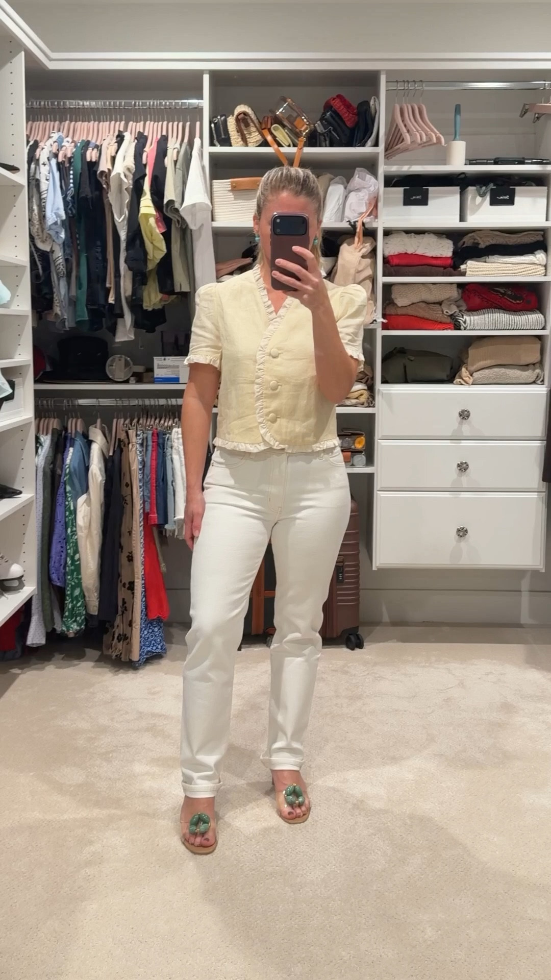 Second way I styled these Frame Borrowed jeans.

I paired them with a textured cream blouse and green statement heels for a softer, feminine look. The monochromatic palette keeps the outfit light and spring-ready while the shoes add a little personality.

The jeans themselves are beautifully made. They’re soft, comfortable, and have just the right amount of stretch.

For my body type though, the lighter wash and relaxed shape make me look a bit shorter and heavier than I like, so they won’t stay in my wardrobe.

If you’re tall, have longer legs, or prefer a relaxed straight jean that isn’t overly fitted, these would be a great option.

Finding the right denim is a big part of refining a Signature Wardrobe.

#LTKPetite #LTKTall #LTKootd