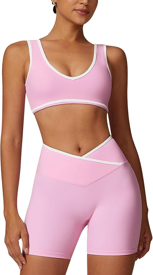 ABOCIW Workout Sets for Women Color Block Sports Bra Crossover Waist Shorts 2 Piece Gym Yoga Pila... | Amazon (US)