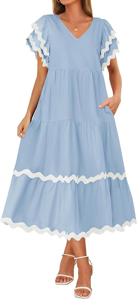 ZESICA Womens 2025 Summer Casual Midi Dresses V Neck Flutter Short Sleeve Ruffle Tiered A Line Fl... | Amazon (US)