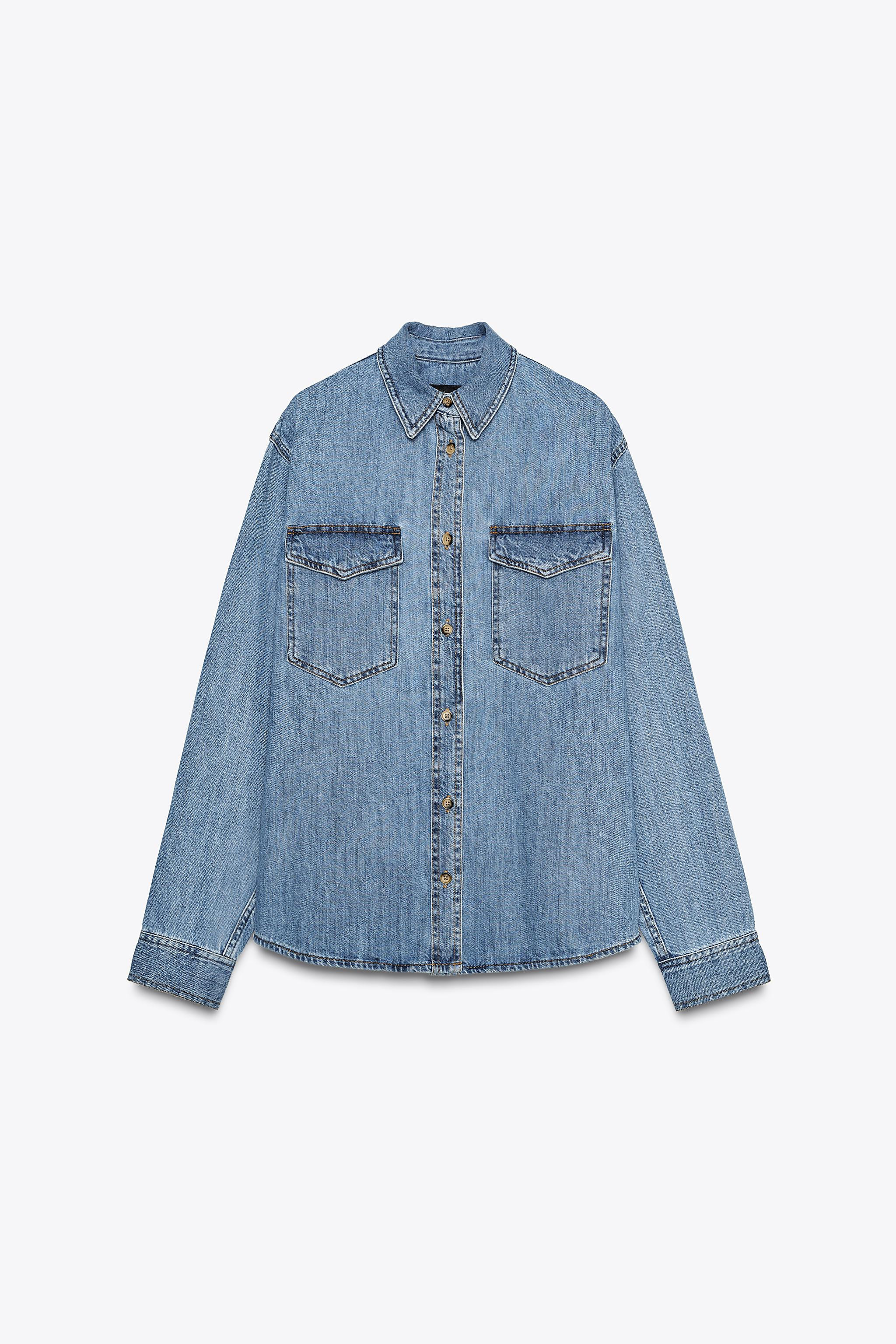 ZARA WOMAN COLLECTIONDenim shirt with a lapel collar and long sleeves with cuffs. Flap patch pock... | Zara UK