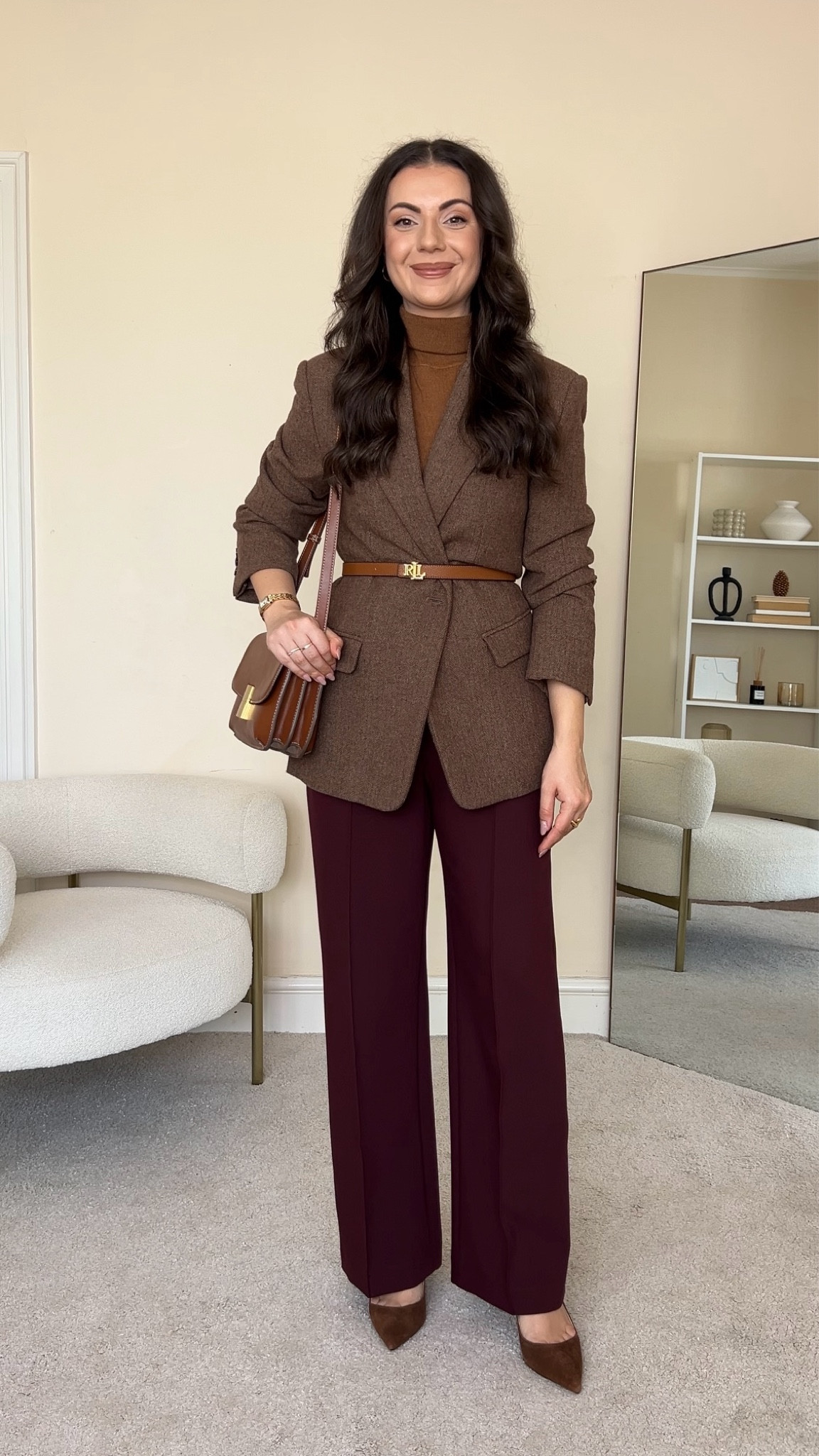 Styling burgundy trousers for winter workwear. Roll neck is old from Mango. Blazer is from Mango, wearing size S. Trousers are H&M, wearing size UK10. Shoes are Dune. Bag is Mango.

#LTKworkwear #LTKwinter #LTKmodest