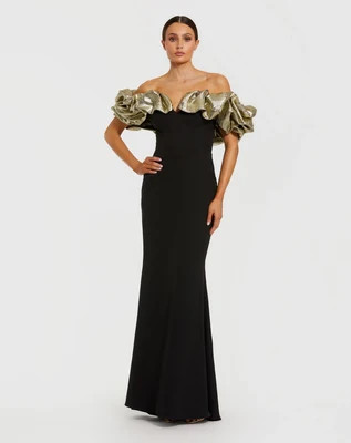 Black Mermaid Gown With Off The Shoulder Ruffle Detail | Mac Duggal