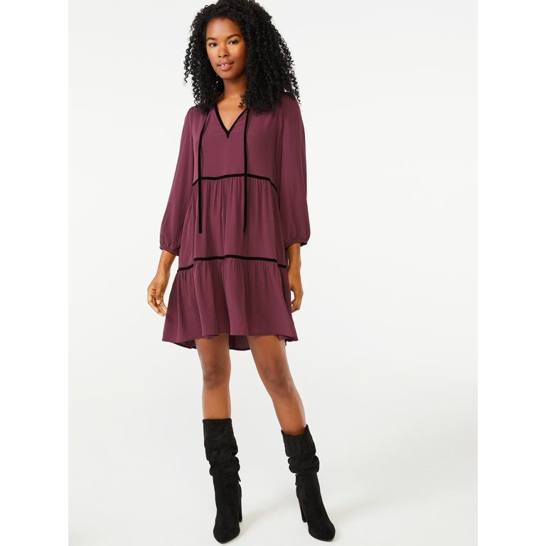 Scoop Women's Velvet Trim Tiered Dress | Walmart (US)