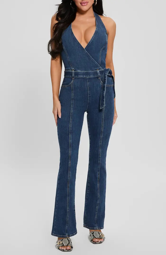 GUESS Claire Halter Neck Denim Jumpsuit | Nordstrom | Nordstrom