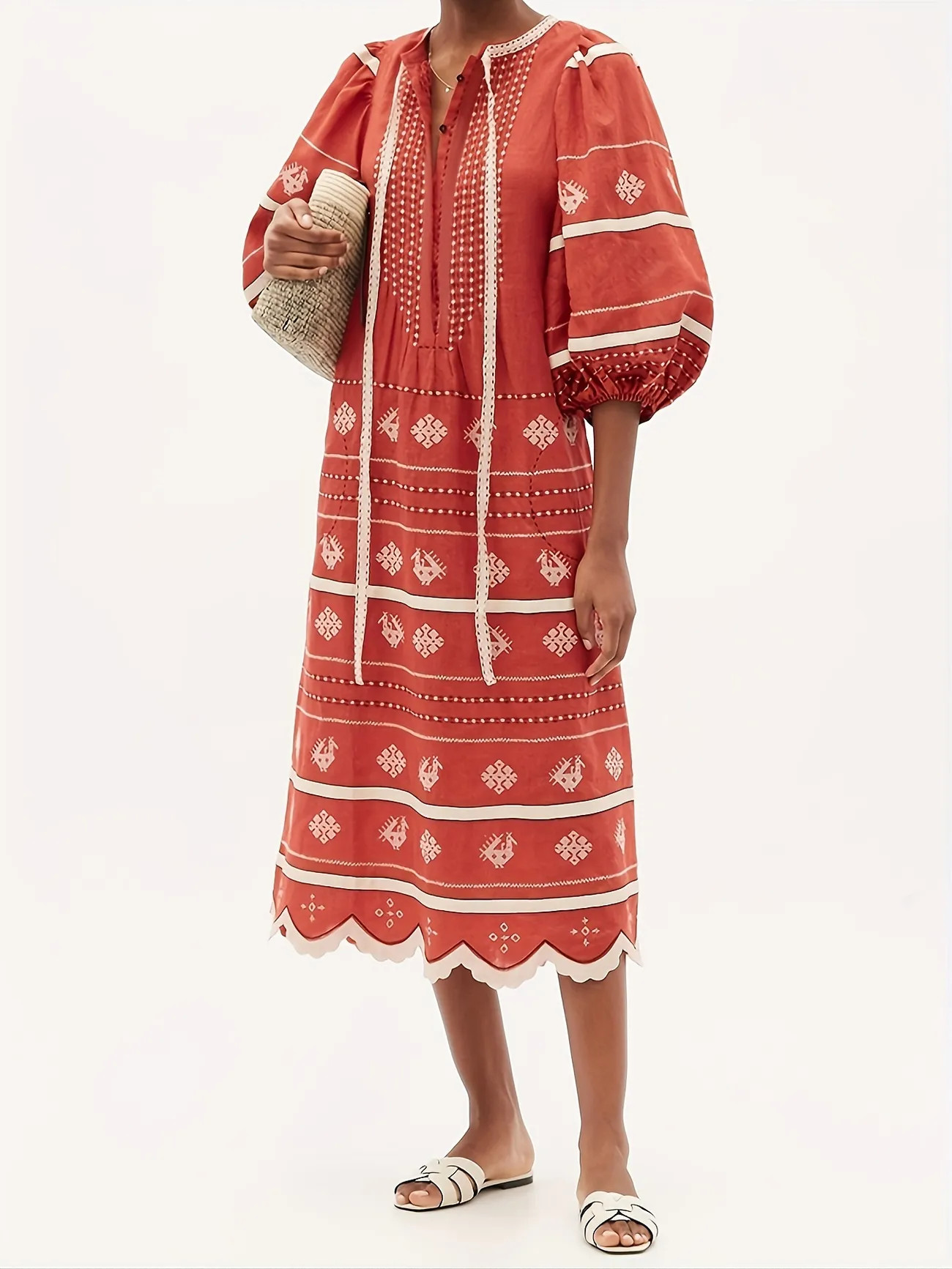 Drawstring Ruffle Trim Dress, Elegant Puff Sleeve Crew Neck Maxi Dress, Women's Clothing | Temu Affiliate Program