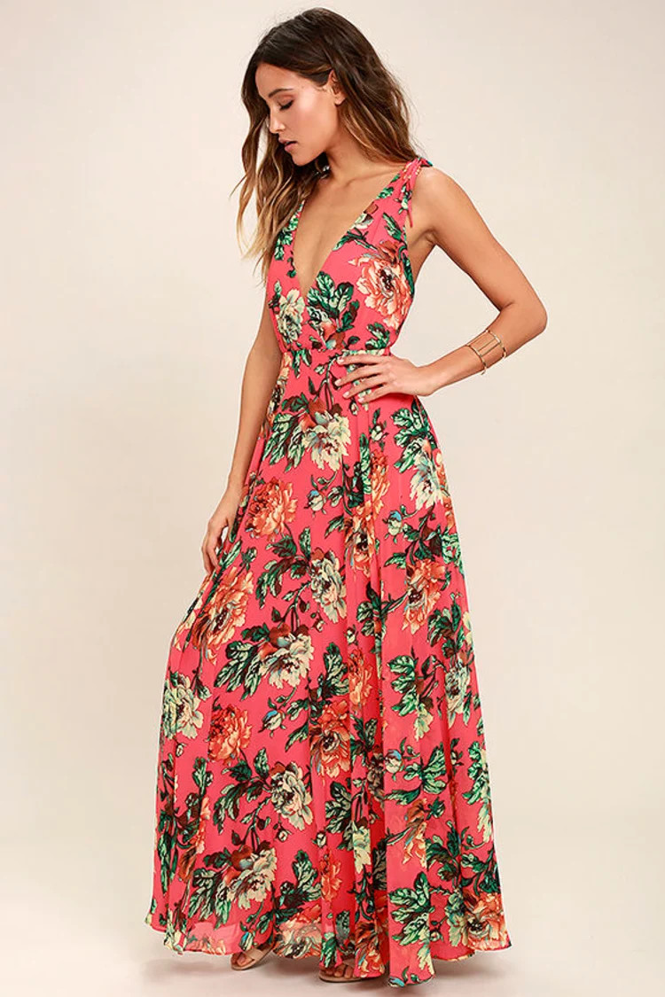 Countryside Manor Coral Red Floral Print Maxi Dress | Lulus