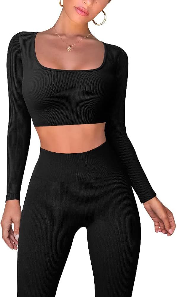 OQQ Workout Outfits for Women 2 Piece Ribbed Exercise Long Sleeve Tops High Waist Leggings Active... | Amazon (US)