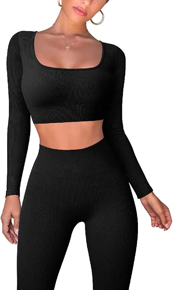 OQQ Workout Outfits for Women 2 Piece Ribbed Exercise Long Sleeve Tops High Waist Leggings Active Yo | Amazon (US)