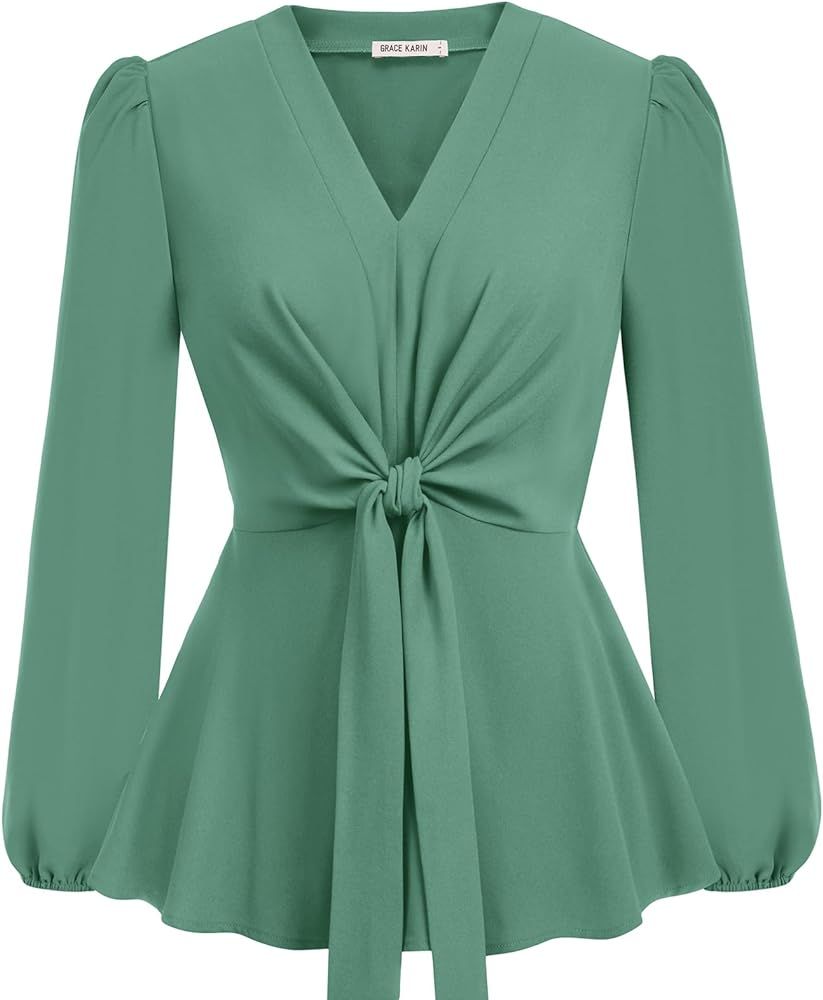 GRACE KARIN 2024 Women's Elegant Peplum Tops V Neck Tie Front Long Sleeve Shirts Tops Blouse | Amazon (US)