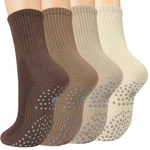 floconssy Pilates Socks with Grips for Women, Yoga Non Slip Grippy Crew Socks for Hospital Barre Gym Sticky Slipper Socks 4 Pairs Tan White Size 6-10 | Amazon (US)