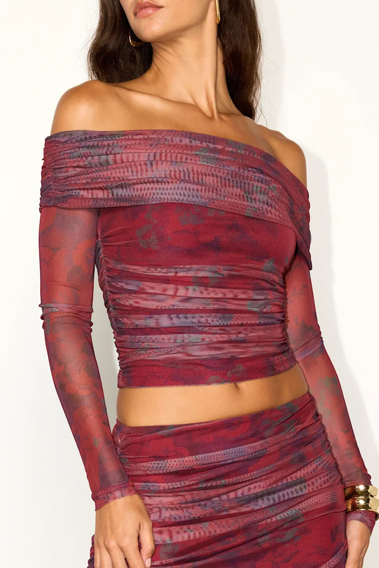 Lani Red Multi Floral Mesh Off-the-Shoulder Top | Lulus