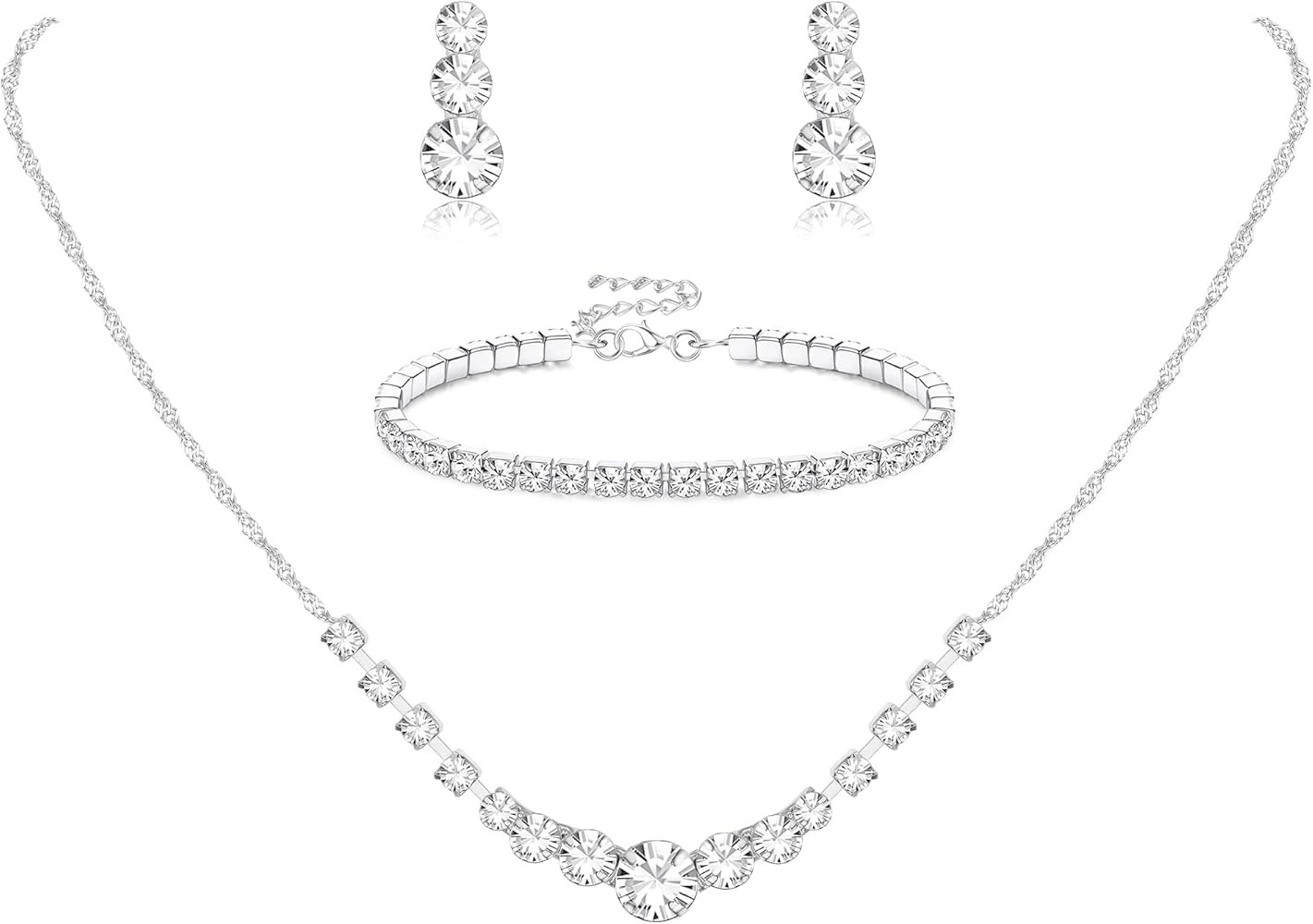 Jstyle Silver Plated Jewelry Set for Women Rhinestone Crystal Necklace Drop Earrings Link Bangle ... | Amazon (US)