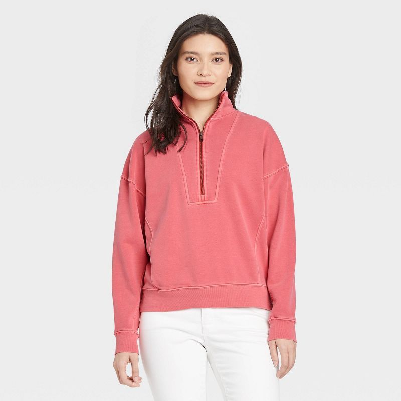 Women&#39;s French Terry Quarter Zip Sweatshirt - Universal Thread&#8482; Light Red S | Target