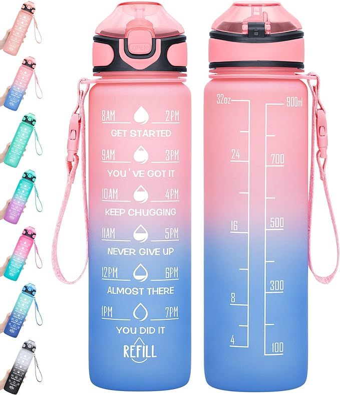 Water Bottle 32oz with Straw, Motivational Water Bottle with Time Marker & Buckle Strap,Leak-Proo... | Amazon (US)