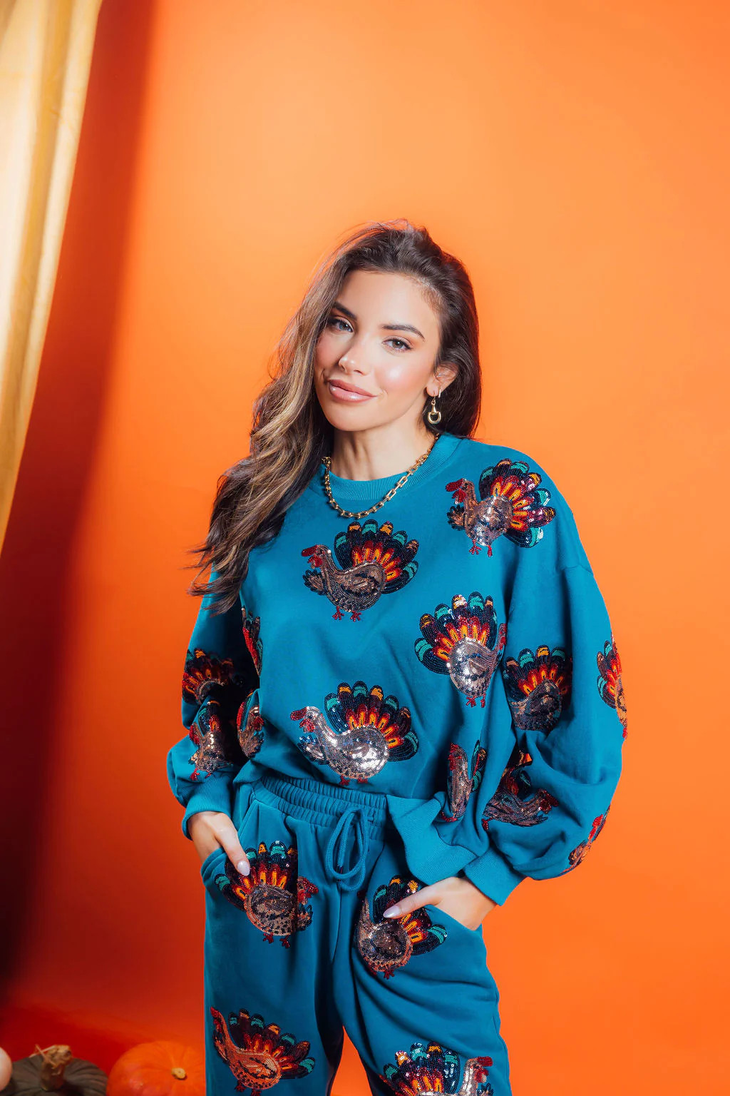 Dark Teal Beaded Turkeys All Over Sweatshirt | Queen of Sparkles