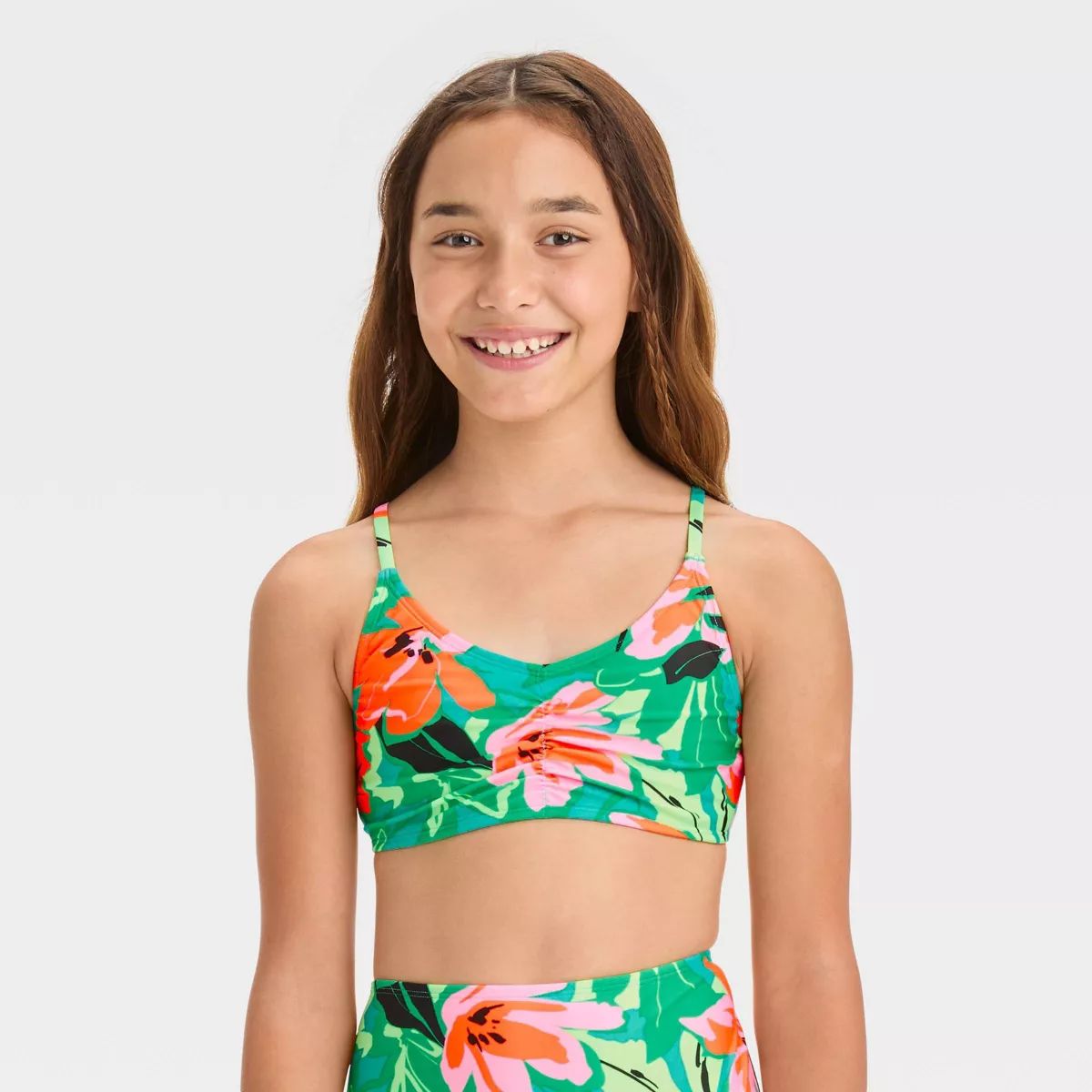 Girls' 'Sun Seeker' Floral Printed Bikini Swim Top - art class™ Green | Target