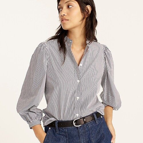 Classic-fit collarless puff-sleeve shirt in stripe | J.Crew US