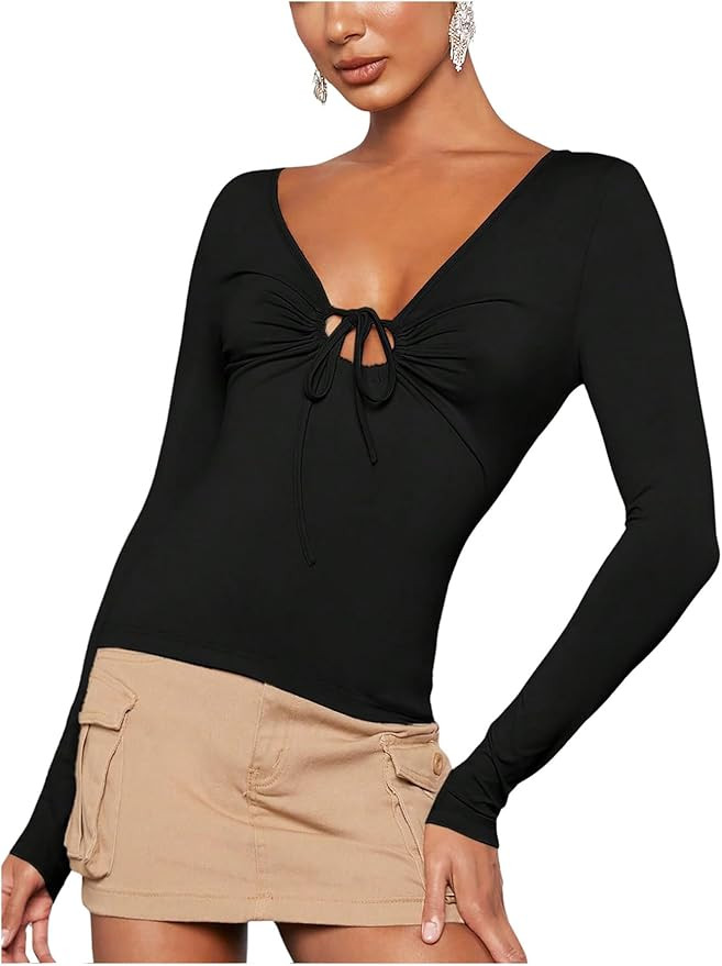 Floerns Women's Casual Solid Tie Knot Front Long Sleeve Tee Deep V Neck Knit Cut Out Shirt | Amazon (US)