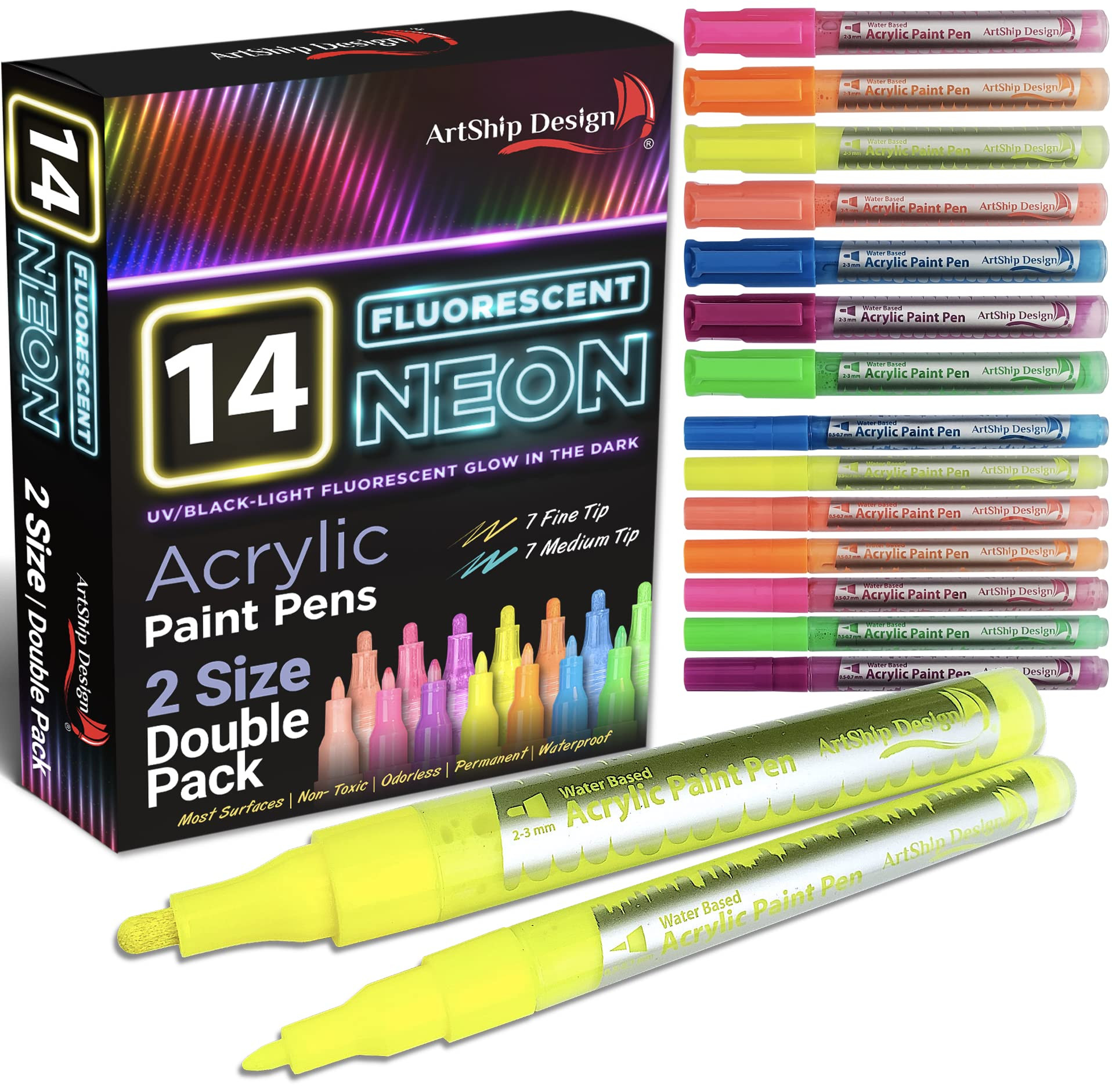 14 Pack Neon UV Fluorescent Acrylic Paint Pens, Double Pack of Both Extra Fine and Medium Tip Pai... | Amazon (US)