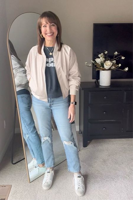 Spring transition ootd! Bomber jacket, graphic sweatshirt, Levi’s wedgie jeans, white sneakers 

Abercrombie, old navy, spring outfit, weekend outfit, casual outfit 

#LTKFind #LTKunder50 #LTKstyletip