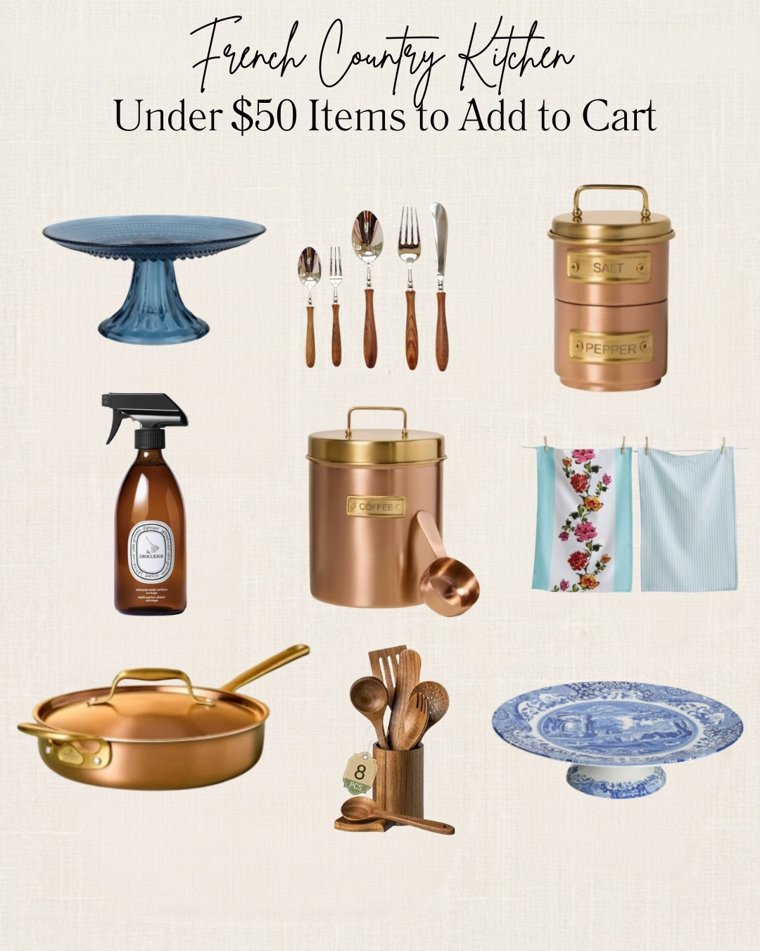French country style doesn’t have to come with a luxury price tag.  These beautiful kitchen finds are all under $50 and bring that timeless European charm to your space—think warm copper, classic blue & white, natural wood, and vintage-inspired details that never go out of style. Which one would you add to your kitchen first? 

#FrenchCountry #FrenchCountryKitchen #KitchenDecor #EuropeanStyle #OldWorldStyle #BlueAndWhiteDecor #CopperKitchen #AmazonHomeFinds #KitchenInspo #HomeDecorFinds #LTKHome #BudgetDecor #TimelessStyle #ClassicHome #FrenchFarmhouse