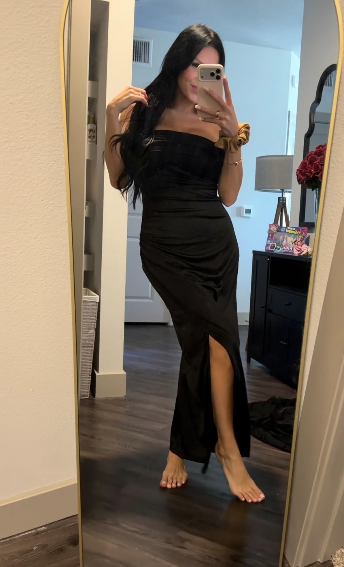 Midnight glamour. This sleek black strapless maxi dress features elegant ruching and a daring thigh-high slit, perfect for your next evening event. #LittleBlackDress #DateNightOutfit #LTKcurves 

 #LTKSpringSale #LTKdayinmylife #LTKSaleAlert