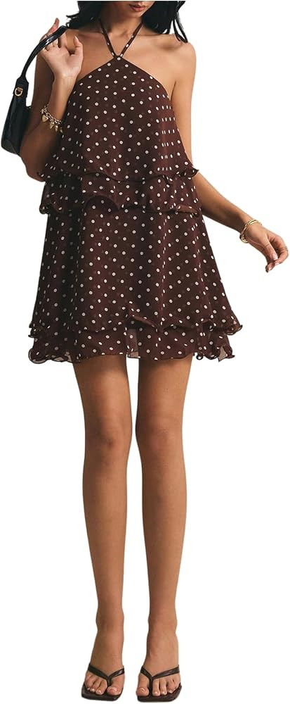 SHENHE Women's Polka Dots Halter Backless Layered Ruffle Flowy Mini Dress | Amazon (US)