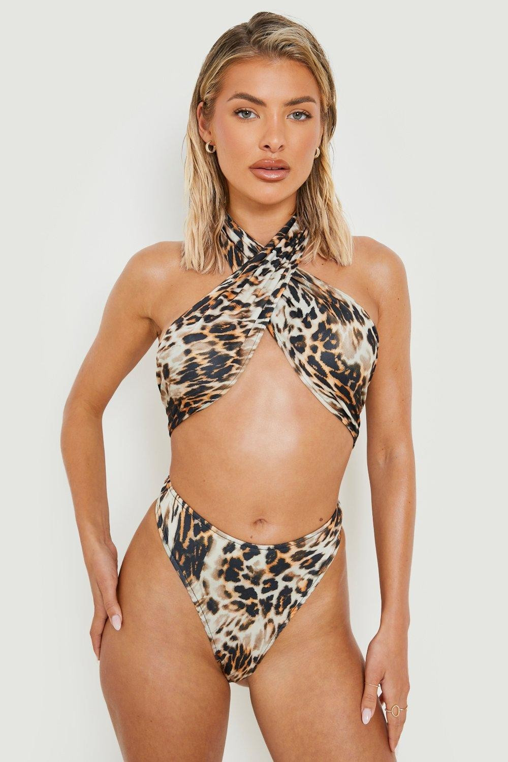 Womens Leopard Halterneck Cut Out Bathing Suit - Multi - 8 | Boohoo.com (US & CA)