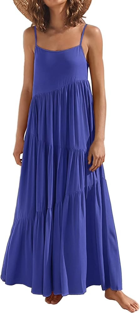 Womens Summer Dresses Loose Sleeveless Spaghetti Strap Asymmetric Tiered Maxi Dress | Amazon (US)