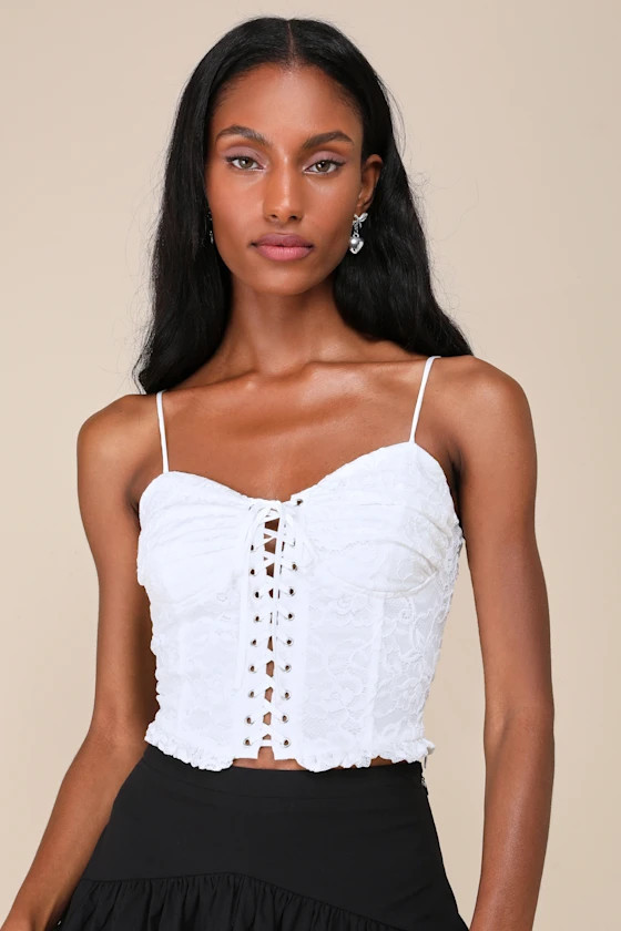 Adorably Enticing White Lace Bustier Cropped Tank Top | Lulus