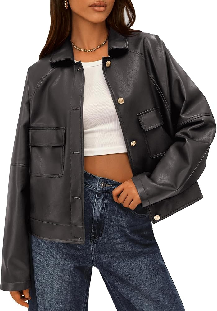 BTFBM Women's Faux Leather Jacket Fall Winter Clothes 2025 Long Sleeve Button Down Oversized Moto... | Amazon (US)