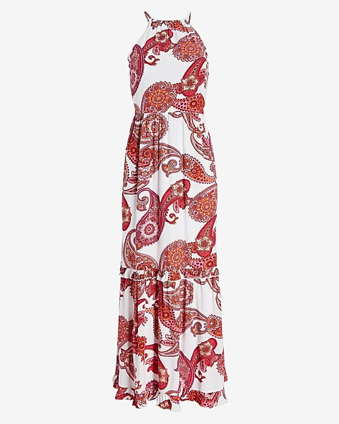 Textured Paisley Tiered Halter Maxi Dress | Express
